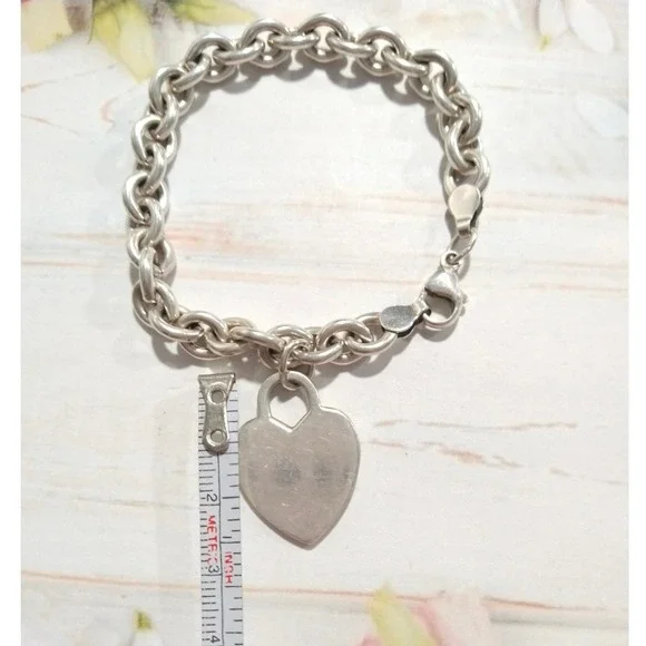 Designer 925 sterling silver cable chain bracelet large Heart charm 7''L signed - Picture 7 of 13